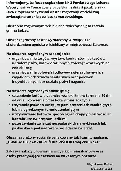 Wścieklizna w gminie Bełżec – nowe obostrzenia dla mieszkańców
