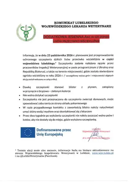 Lublin: dodatkowa jesienna akcja szczepień lisów przeciw wściekliźnie