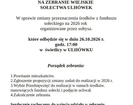 Zebranie wiejskie w Ulhówku – mieszkańcy zdecydują o funduszu sołeckim