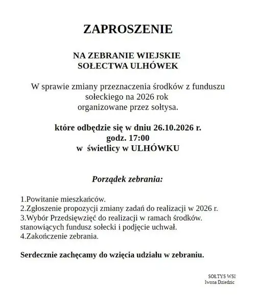 Zebranie wiejskie w Ulhówku – mieszkańcy zdecydują o funduszu sołeckim